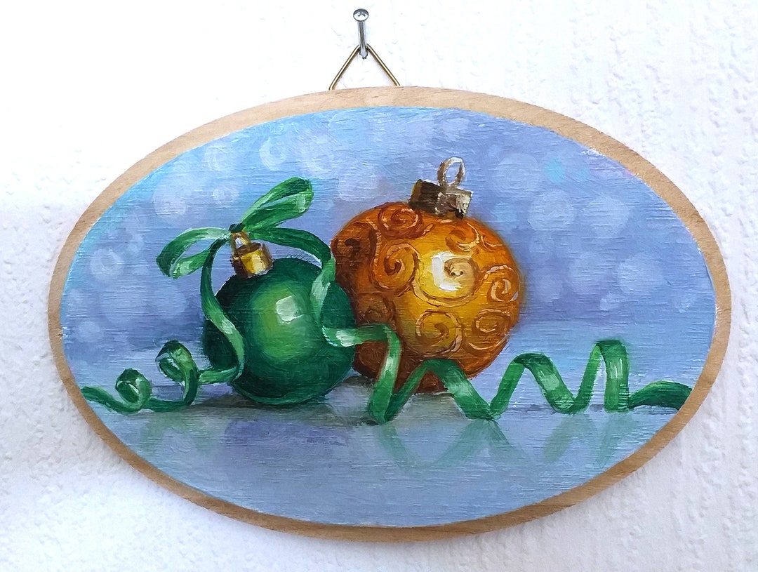 Christmas Balls Painting Original Art on Oval Wood Panel, Funny