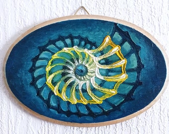 Nautilus Shell Painting Miniature Original Art Sea Shell Small Oval Oil Painting on Wood, Golden Ratio Art Chambered Nautilus Abstract Art