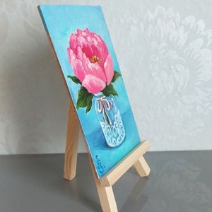 Peonies Painting Floral Still Life Original Art, Peony Mini Oil Painting on Panel Tiny Painting on Easel Miniature Art by SvetlanaSartStudio image 7