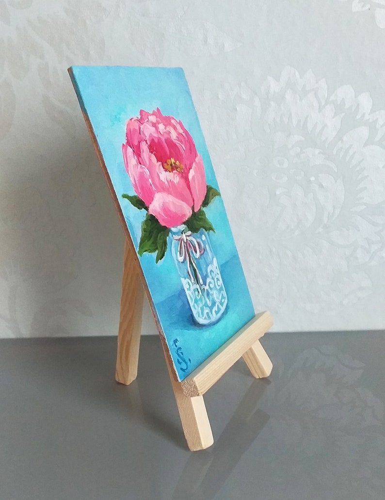 Peonies Painting Floral Still Life Original Art, Peony Mini Oil Painting on Panel Tiny Painting on Easel Miniature Art by SvetlanaSartStudio image 7