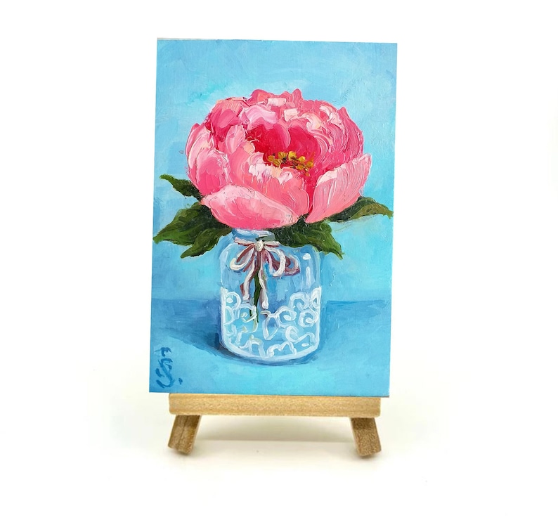 Peonies Painting Floral Still Life Original Art, Peony Mini Oil Painting on Panel Tiny Painting on Easel Miniature Art by SvetlanaSartStudio image 1