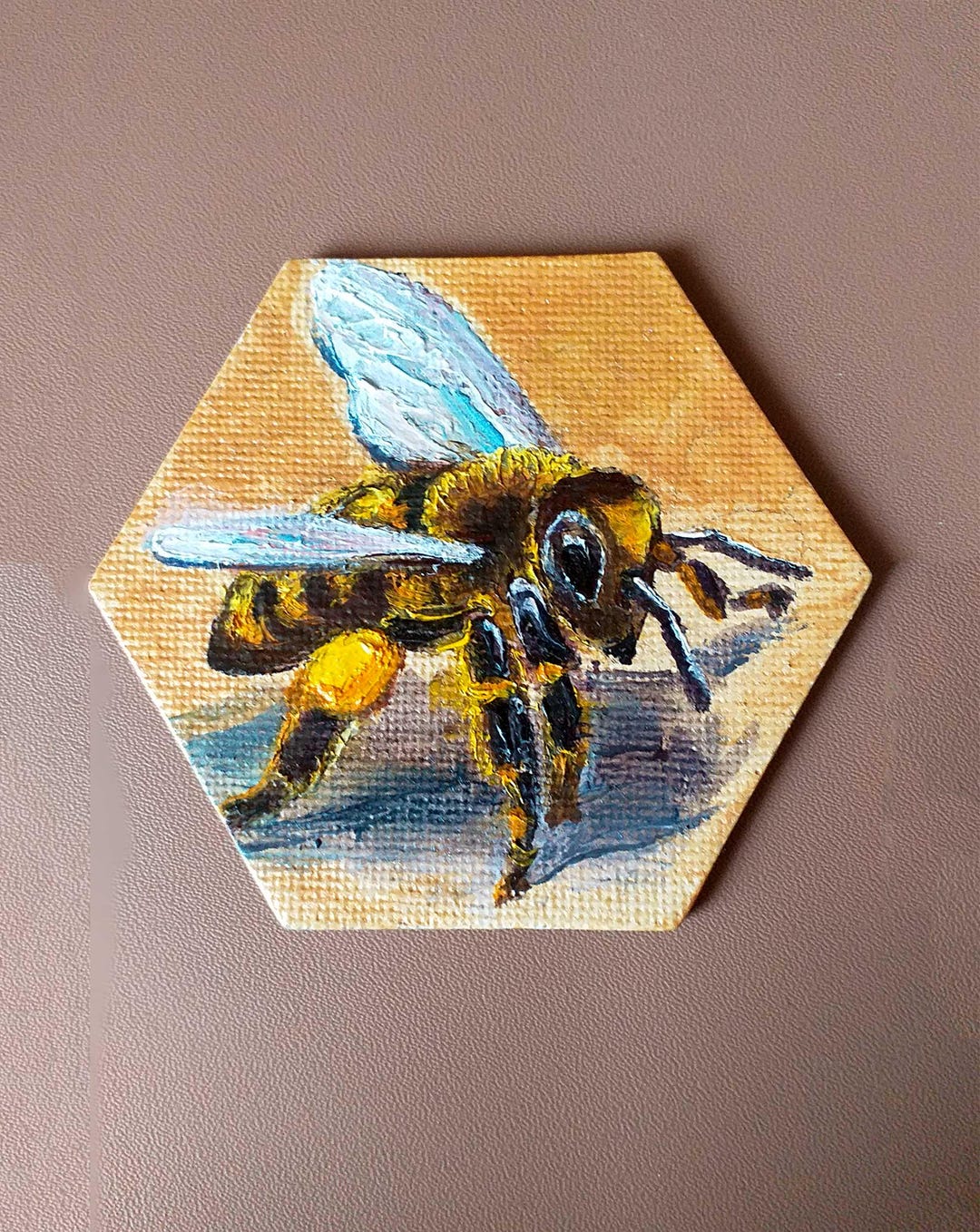 Original Bee Oil Painting Miniature Gold Hexagon Art Small Insect Wall ...