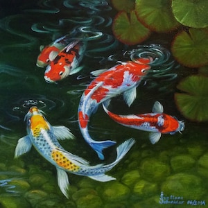 Koi Fish Oil Painting: Japanese Carp Pond Art, Feng Shui Canvas (16x16) by SvetlanaSartStudio