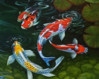 Koi Fish Painting Carp Original Art Japanese Carp Oil Painting Canvas Wall Art 16by16" Fish in Pond, Feng Shui Artwork by SvetlanaSartStudio