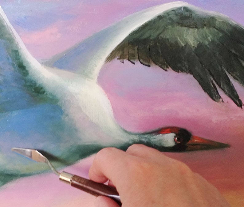 Crane Painting Bird Original Art Impasto 16by20 Oil Painting Canvas Sky