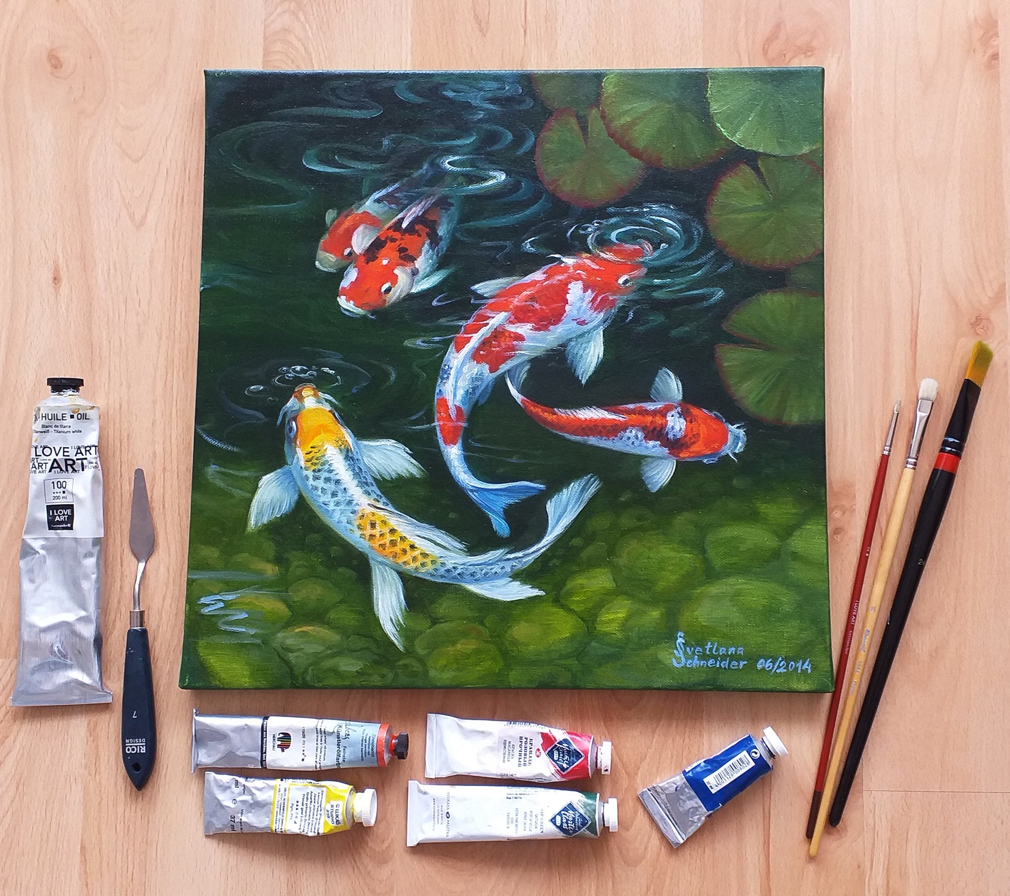 鯉の絵画 鯉 オリジナルアート 日本の鯉 油絵 キャンバス