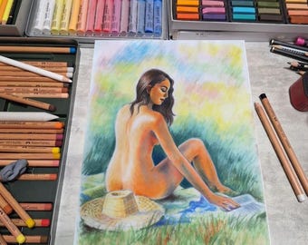 Naakte vrouw pastel schilderij, lichaam positieve kunst originele vrouwelijke figuratieve kunst aan de muur 12 x 16"