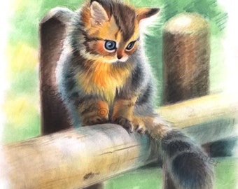 Kitten Painting Cat Original Art Soft Pastel Drawing 12by16" Cute Kitten on Fence Wall Art Pet Portrait Pastel Artwork by SvetlanaSartStudio