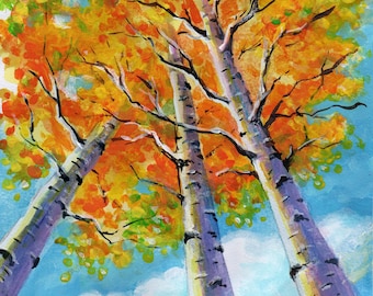 Original Birch Trees Painting: Autumn Forest Watercolor Acrylic Fine Art (8x12) by SvetlanaSartStudio