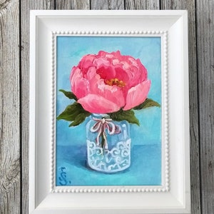 Peonies Painting Floral Still Life Original Art, Peony Mini Oil Painting on Panel Tiny Painting on Easel Miniature Art by SvetlanaSartStudio image 9