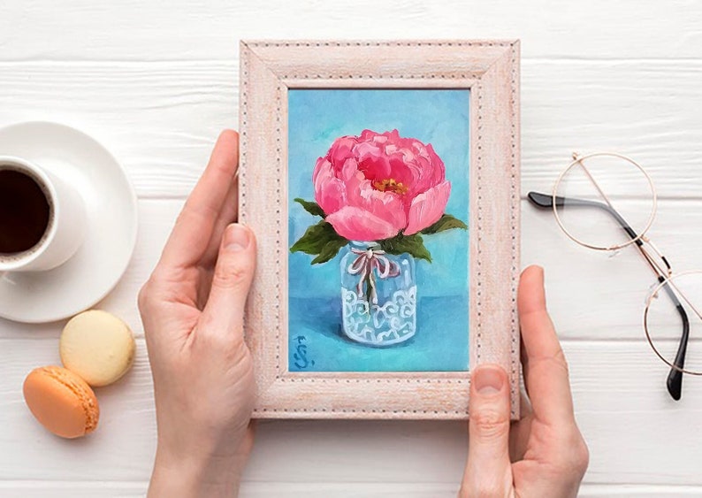 Peonies Painting Floral Still Life Original Art, Peony Mini Oil Painting on Panel Tiny Painting on Easel Miniature Art by SvetlanaSartStudio image 3