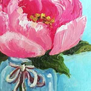 Peonies Painting Floral Still Life Original Art, Peony Mini Oil Painting on Panel Tiny Painting on Easel Miniature Art by SvetlanaSartStudio image 2