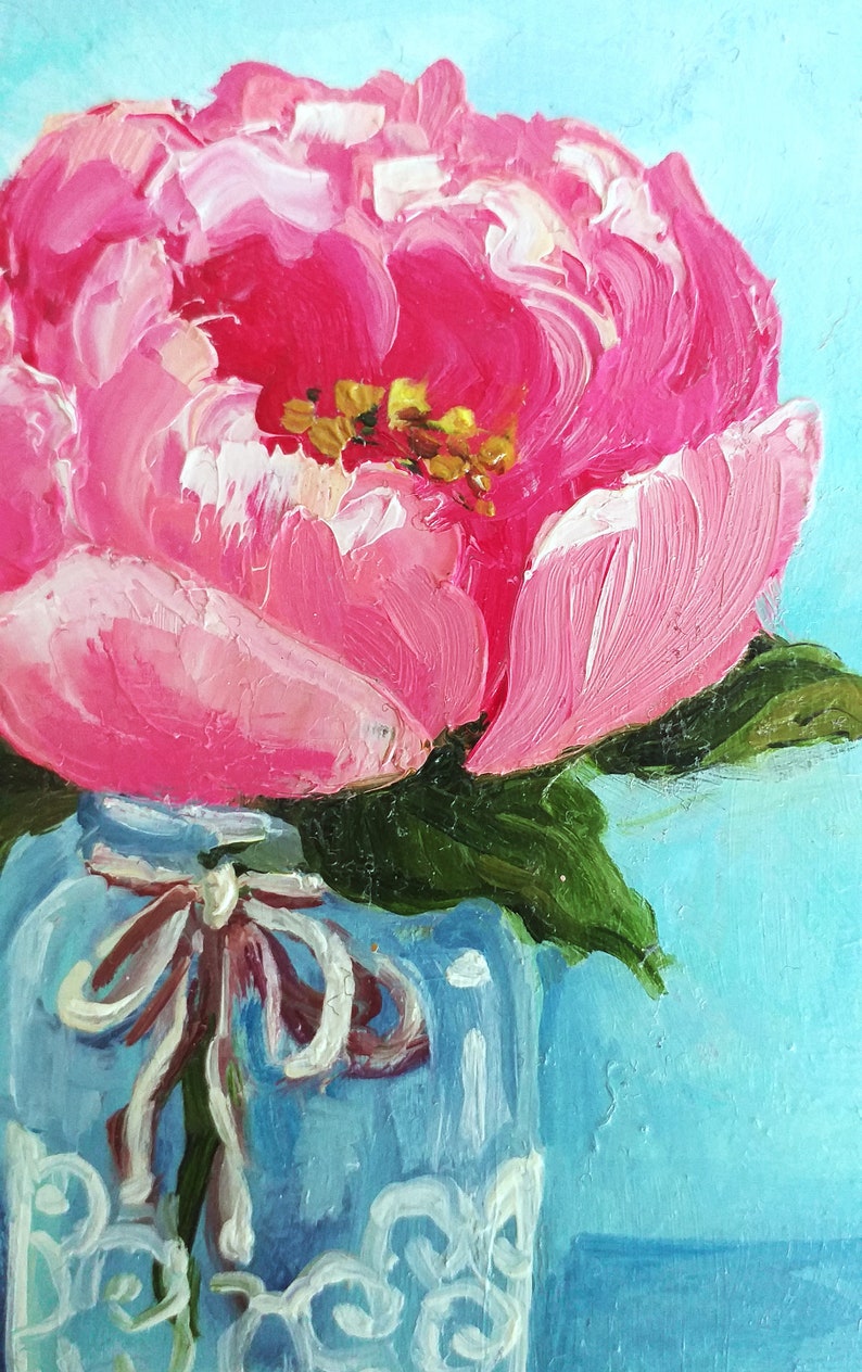 Peonies Painting Floral Still Life Original Art, Peony Mini Oil Painting on Panel Tiny Painting on Easel Miniature Art by SvetlanaSartStudio image 2