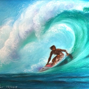 Surfer on Sea Wave Original Pastel Painting: Hawaii Seascape Art (10x14in)