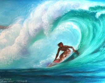 Surfer on Sea Wave Original Painting Hawaii Seascape Art Pastel Painting Surfboard Wall Art Ocean Big Wave Painting Surfer Pastel Artwork