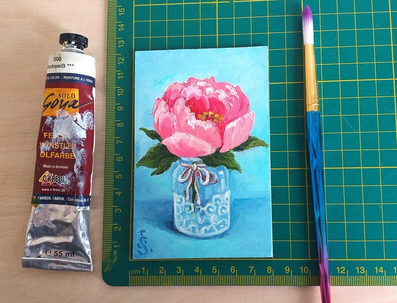 Peonies Painting Floral Still Life Original Art, Peony Mini Oil Painting on Panel Tiny Painting on Easel Miniature Art by SvetlanaSartStudio image 4