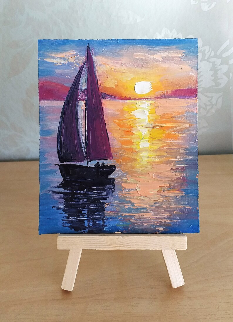 Sailboat Painting Seascape Original Art Impasto Oil Painting on Mini
