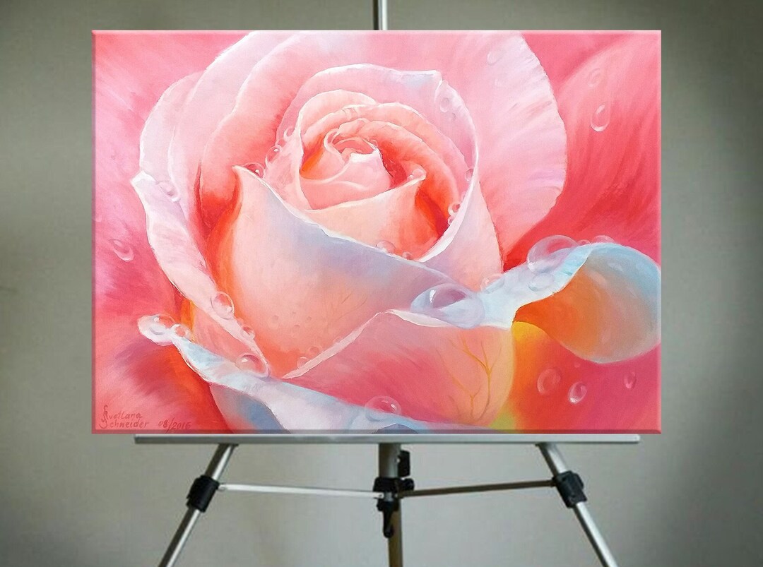 Rose Oil Painting, Original Art Hyperrealism Big Flower Still Life ...