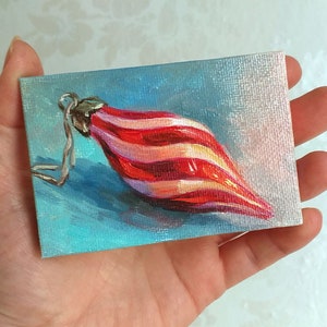 Christmas Ornament Oil Painting: Red White Swirl, ACEO Impasto Art
