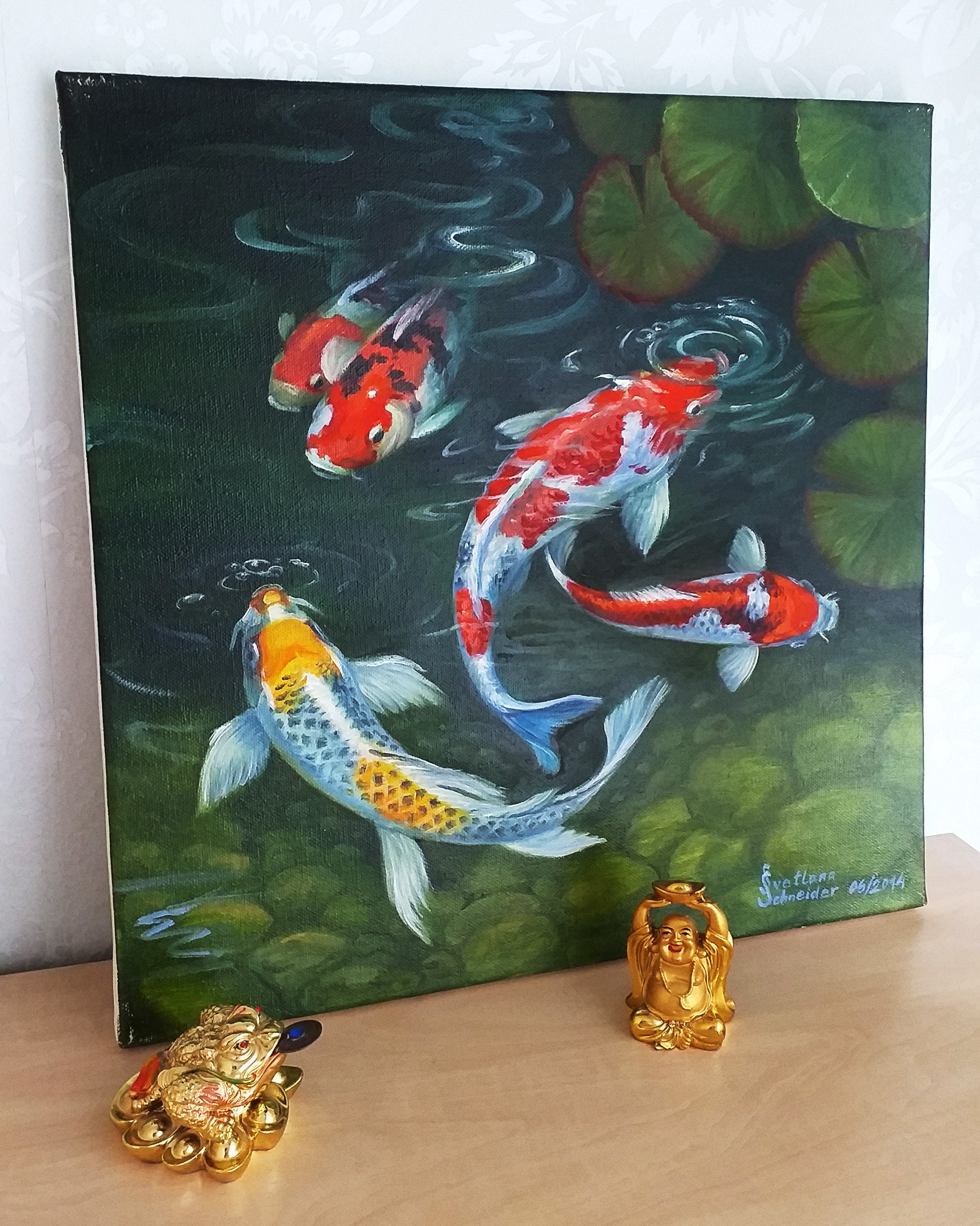 鯉の絵画 鯉 オリジナルアート 日本の鯉 油絵 キャンバス