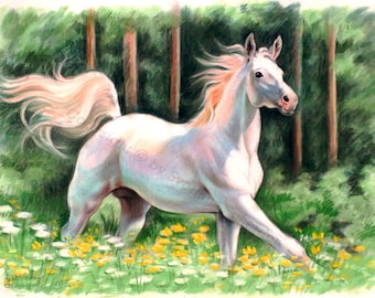 White Horse Painting Original Art Stallion Pastel Drawing 12by16&quot; Forest Landscape Mustang Artwork Animal Wall Art by SvetlanaSartStudio