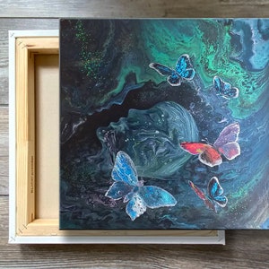 Space Butterfly Acrylic Pour Painting: Abstract Fluid Art on Canvas (16x16)