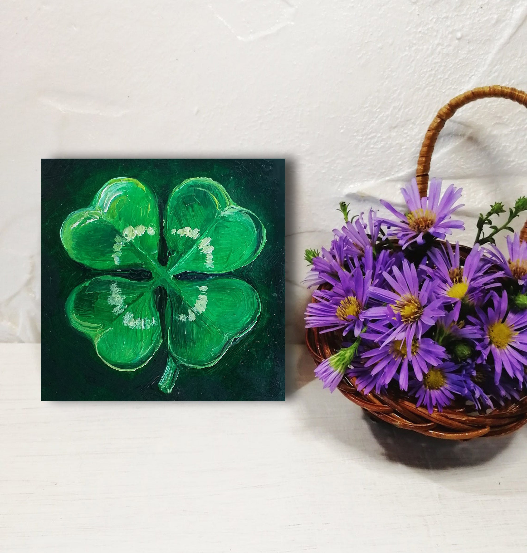 Four Leaf Clover Oil Painting: Lucky Shamrock Impasto Art - Etsy