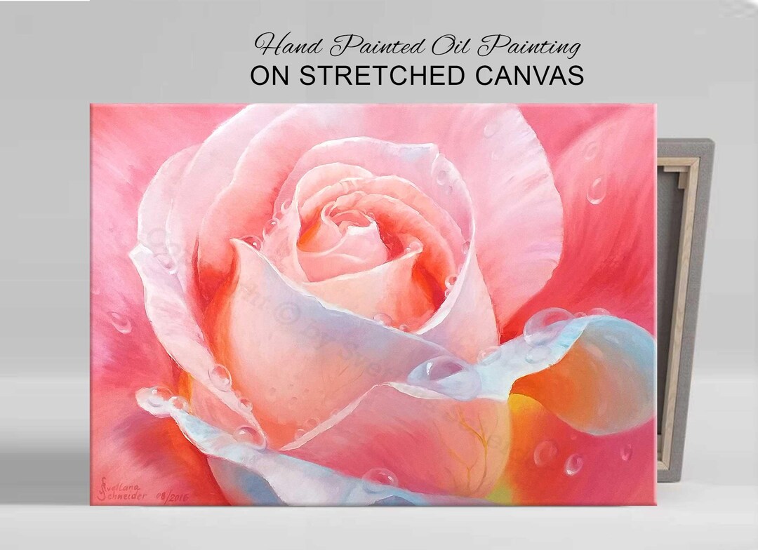 Pink Rose Oil Painting on Large Canvas, Original Floral Art, Signed by ...