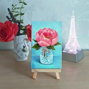 Peonies Painting Floral Still Life Original Art, Peony Mini Oil Painting on Panel Tiny Painting on Easel Miniature Art by SvetlanaSartStudio image 8