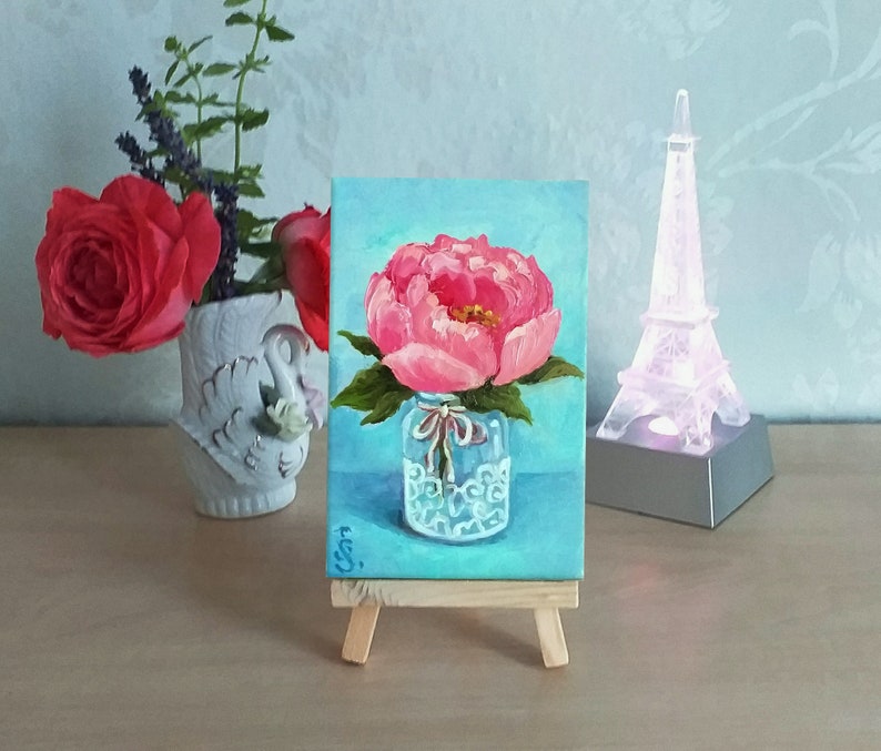 Peonies Painting Floral Still Life Original Art, Peony Mini Oil Painting on Panel Tiny Painting on Easel Miniature Art by SvetlanaSartStudio image 8