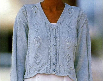 Knitting Pattern Ladies Cardigan with Lace Panel Pattern in DK Size 30 to 40 ins downloadable pdf, available in ENGLISH only