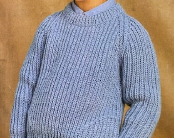 Knitting Pattern Childrens Easy Knit Fisherman's Rib Aran Sweater Raglan Sleeves Size 24 to 30 ins downloadable pdf, in ENGLISH only