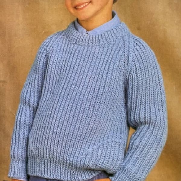 Knitting Pattern Childrens Easy Knit Fisherman's Rib Aran Sweater Raglan Sleeves Size 24 to 30 ins downloadable pdf, in ENGLISH only