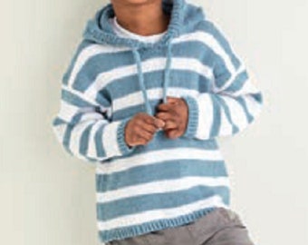 Patrón de tejido para suéter infantil fácil de tejer con capucha en algodón DK talla 24 a 28 pulgadas pdf descargable, disponible solo en INGLÉS