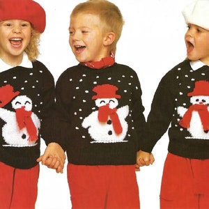 Knitting Pattern Childrens Christmas Sweater with Snowman (3 designs) in DK Yarn Size 18 to 26 ins downloadable pdf in ENGLISH only