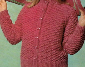 Knitting Pattern Girls Raglan DK Cardigan Sizes 22-30 ins Age 2 - 11 downloadable pdf, available in ENGLISH ONLY