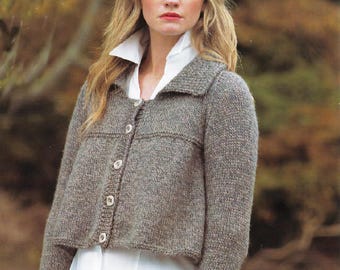 Knitting Pattern Ladies Cropped Cardigan with Collar in Aran Size 32 to 42 ins downloadable pdf, available in ENGLISH only