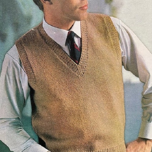 Knitting Pattern Easy Knit Mens Classic Slipover Sleeveless Sweater in DK or 4 Ply Yarn Size 38 to 44 ins in ENGLISH only