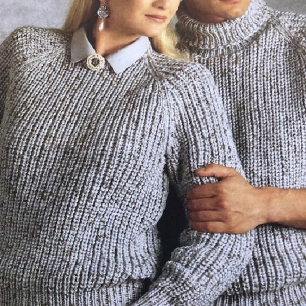 Knitting Pattern Ladies Mens Chunky Rib Easy Knit Fisherman's Rib Sweater with Crew or Polo Neck Size 32 to 46 Sizes