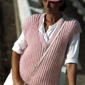 Knitting Pattern Easy Knit Ladies Ribbed Slipover Vest Size 32 to 40 ins. Downloadable pdf in ENGLISH only.