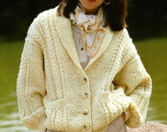 Knitting Pattern Ladies Beautiful Aran Jacket with Shawl Collar and Pockets Size 32 to 42 ins- downloadable pdf, available in ENGLISH only