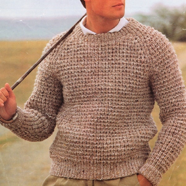 Knitting Pattern Easy Knit Mens Chunky Tweed Classic Rib Sweater Size 34 to 44 ins