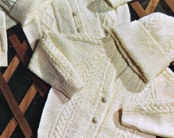 Knitting Pattern Childrens Traditional Aran Cardigan Round or V Neck and Hat Size 22 to 30 ins downloadable pdf, available in ENGLISH only