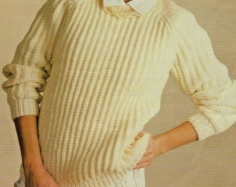 Knitting Pattern Ladies Easy Knit Fisherman's Rib Sweater Size 32 to 42 ins Aran Yarn downloadable pdf, available in ENGLISH only