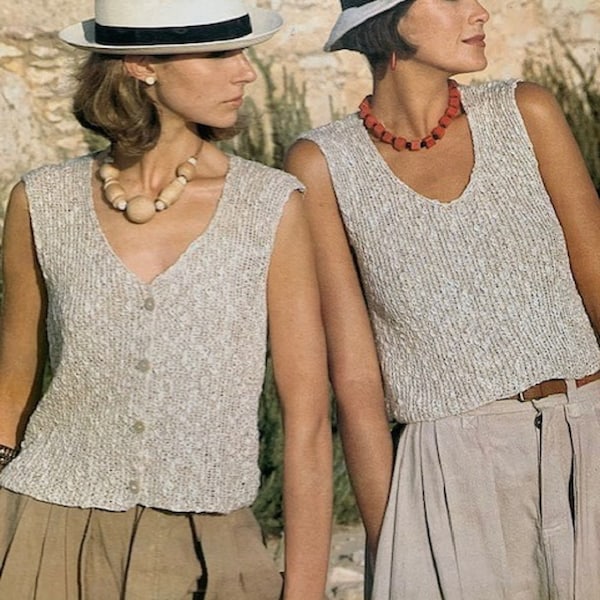 Knitting Pattern Ladies or Girls Linen Look Slipover (Vest Top) & Waistcoat Sizes 32 to 38 inches - downloadable pdf, available in ENGLISH