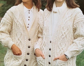 Knitting Pattern Ladies and Girls Aran Shawl Collar Jacket and V Neck Cardigan Size 30 to 40 inches