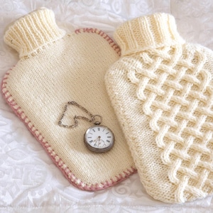 Knitting Pattern for Two Hot Water Bottle Covers One in Chunky, One in Aran Yarn One Plain One Patterned PDF in ENGLISH ONLY
