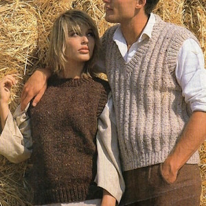 Knitting Pattern Ladies Mens Easy Knit Slipover Vest Sleeveless Sweater with Round or V Neck Size 32 to 44 ins in Chunky Tweed