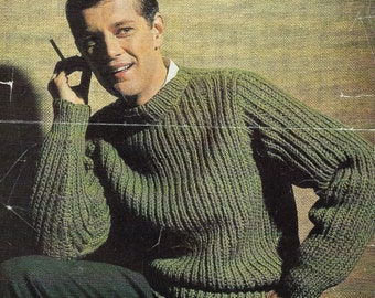 Knitting Pattern Mens Easy Knit Fisherman's Rib Sweater Size 38 to 44 ins Chunky Yarn