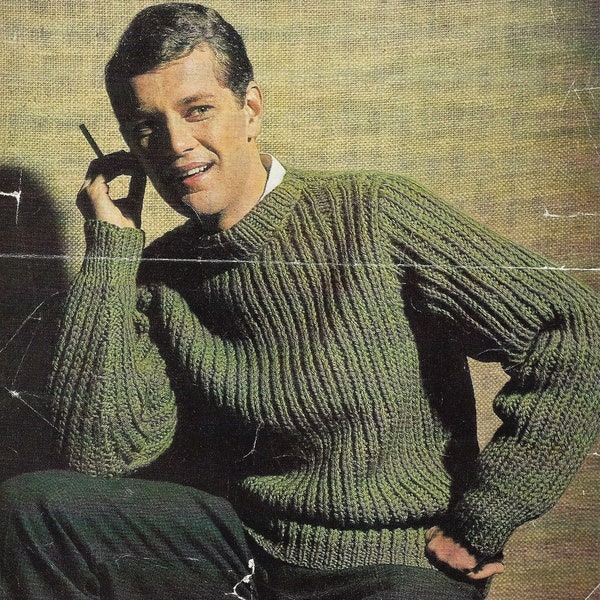 Knitting Pattern Mens Easy Knit Fisherman's Rib Sweater Size 38 to 44 ins Chunky Yarn